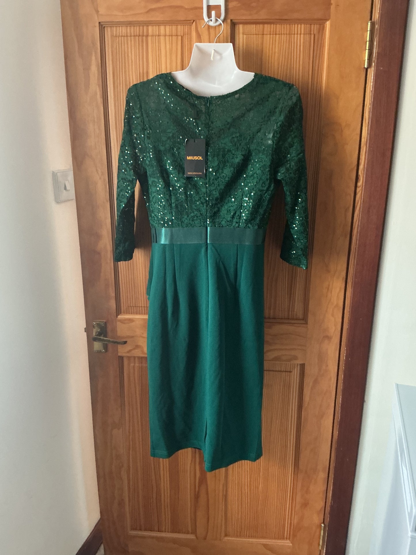 V-Neck Lace Bodycon Cocktail Dress 3/4 Sleeve Sequins Version – Dark Green L