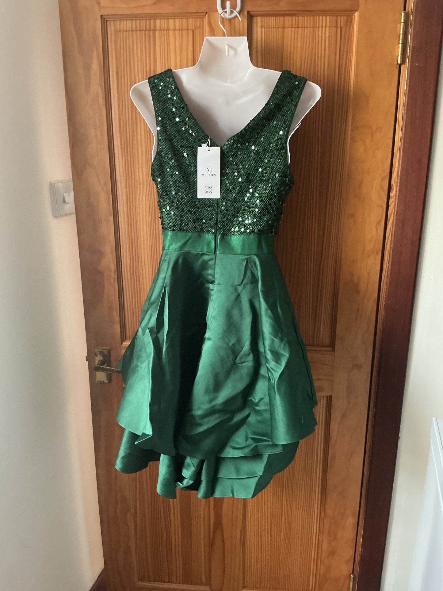 Women's Satin Homecoming Dress Sequin V-neck A-line – Dark Green S