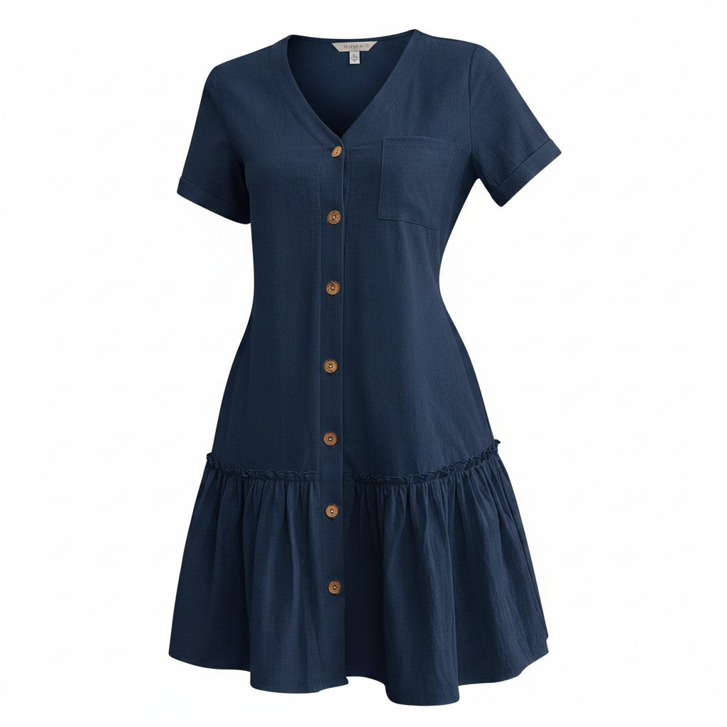 Hotouch Summer Dresses for Women UK Button Down Mini Dress Cotton Linen Dress Short Sleeve Beach Dress Ruffle Hem Casual Dress Navy Blue L