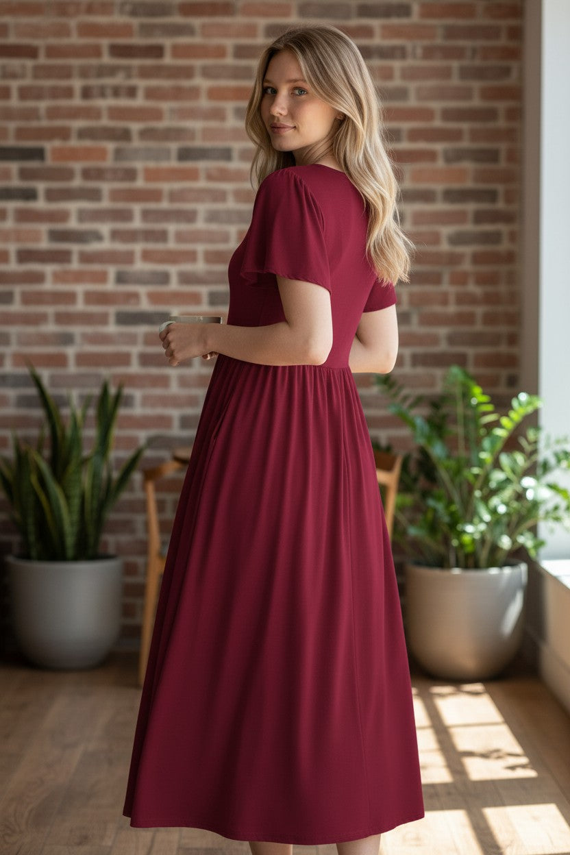 Women’s A-Line Midi Dress Short Sleeve with Pocket – Burgundy L