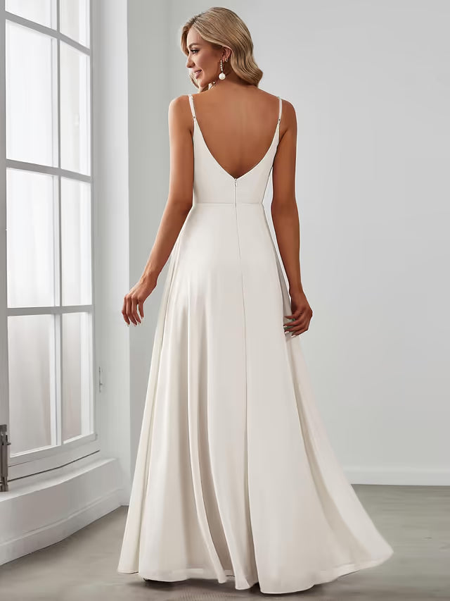 Ever-Pretty A-Line Prom Dress Spaghetti Straps V-Neck Chiffon Slit – White UK 22