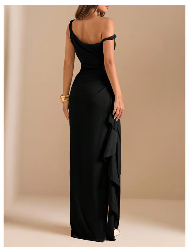 Evening Maxi Dress Off‑Shoulder Twist Strap Ruffled Slit – Black Medium