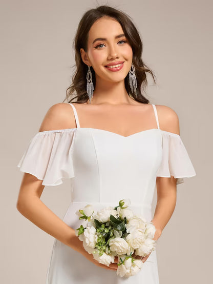 Ever-Pretty Women's Off-Shoulder Chiffon Bridesmaid Dress Empire Waist Side Slit - White UK14