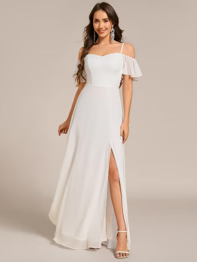Ever-Pretty Women's Off-Shoulder Chiffon Bridesmaid Dress Empire Waist Side Slit - White UK14