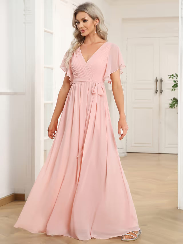 Ever-Pretty V-Neck Chiffon Prom Dress Ruffle Sleeves Plus Size – Pink 24UK