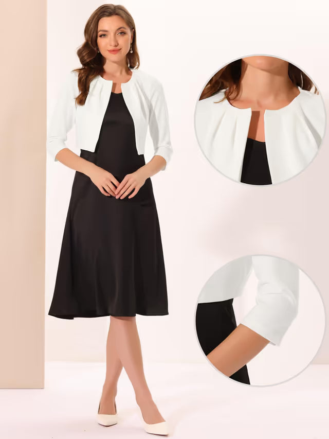 Women's Pleated Shrug Top Collarless 3/4 Sleeve Open Front Crop – White XS