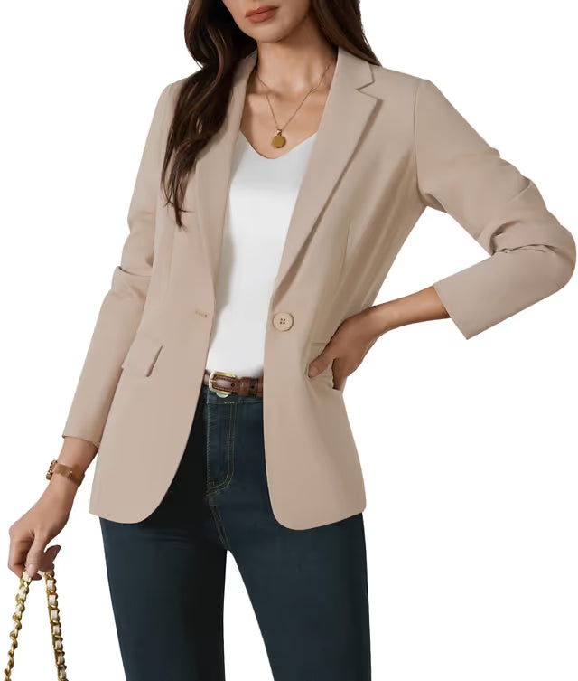 Women’s Blazer Suit Jacket One-Button Notch Lapel Long Sleeve – Khaki