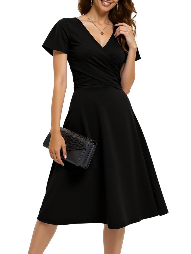 Midi Wrap Dress Women's Size X-Large Black Surplice Neckline Short Sleeves