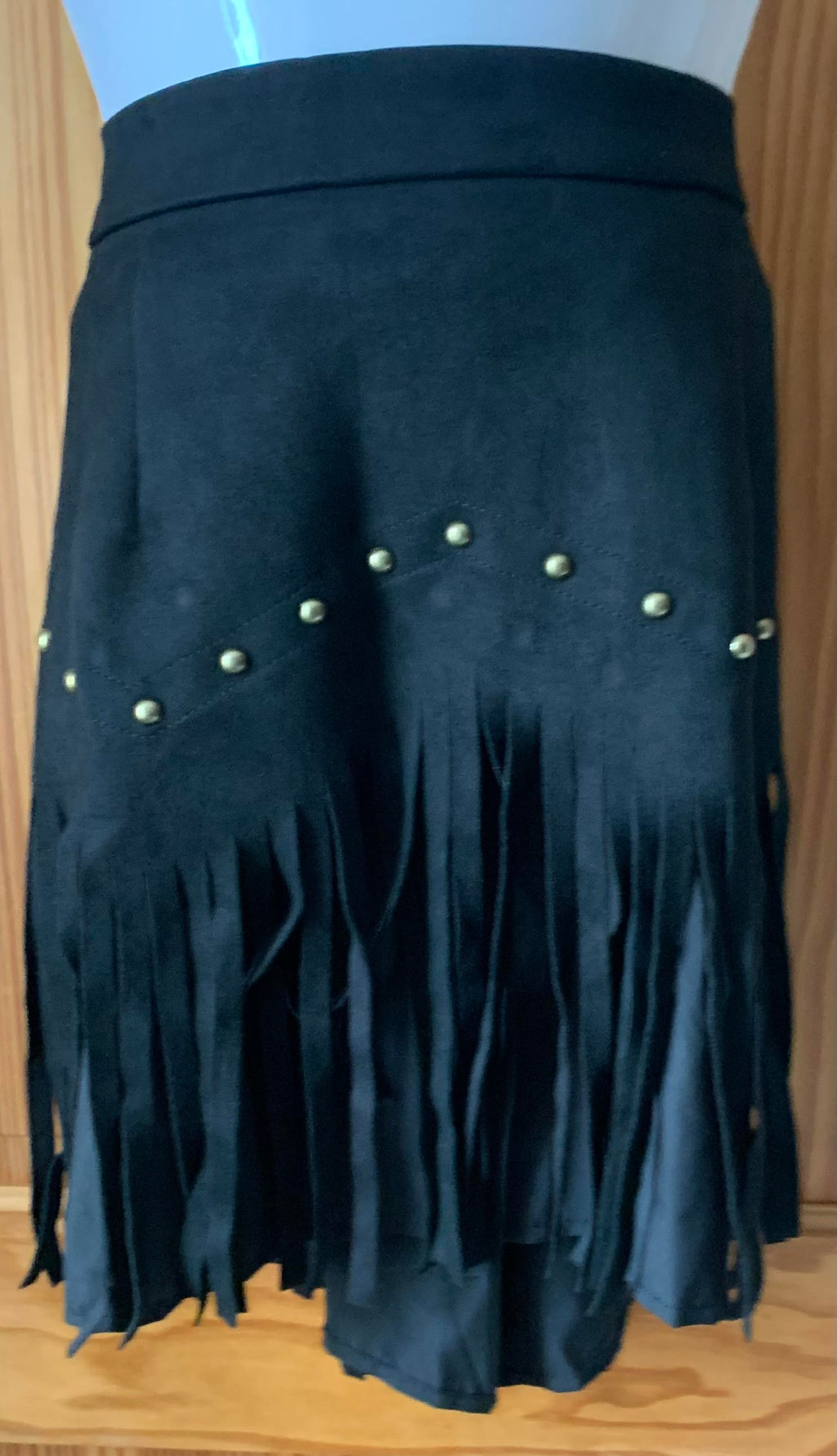 Women's Vintage Hippie Fringe Skirt Faux Suede High Waisted A-Line – Black Medium