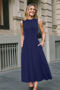 Ladies Summer Midi Sundress Casual Work Dress with Pockets – Navy Blue L