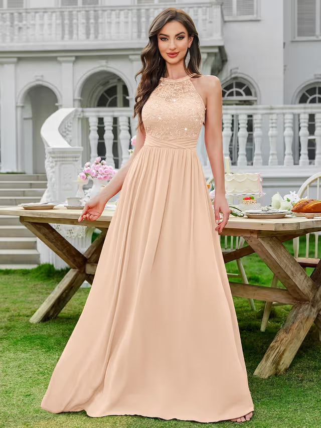 Women’s Halter Neck Maxi Dress Lace & Sequin – Champagne XXL
