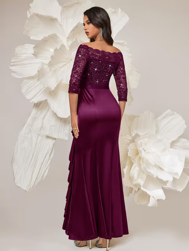 Women's 3/4-Sleeve Lace Sequin Ruffle Fishtail Maxi Dress – Maroon L