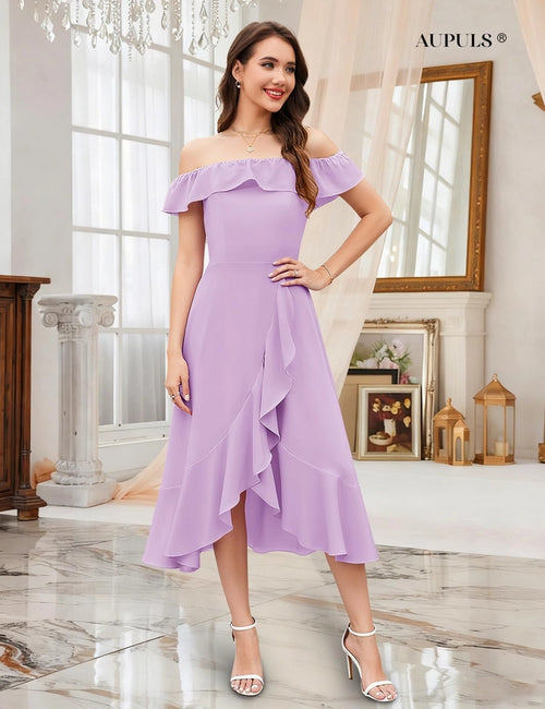 Aupuls Off Shoulder Midi Dress Women's Size Small Lavender Chiffon Ruffle Hem
