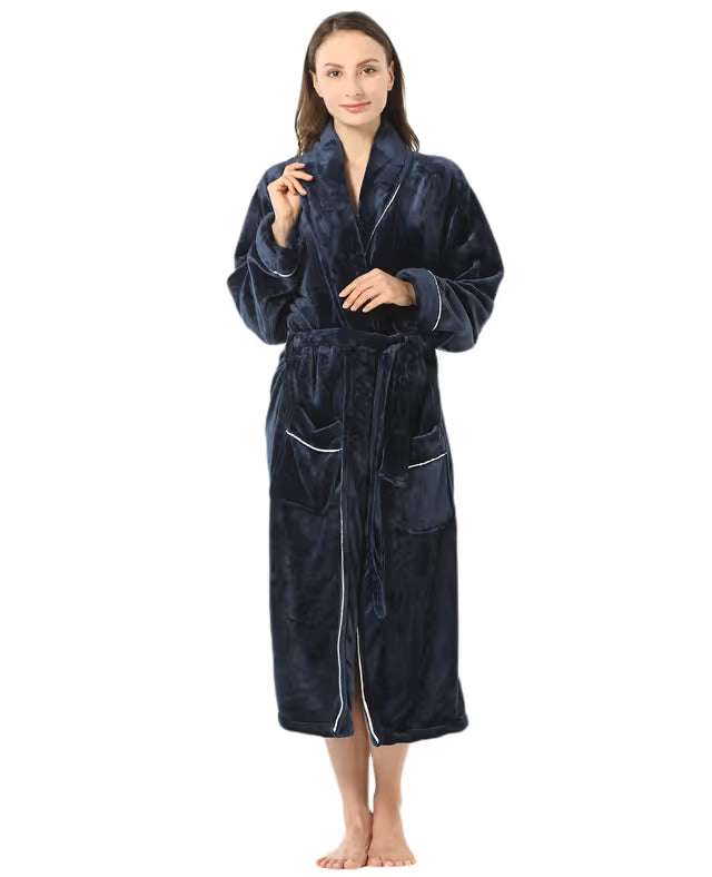 Women's Fleece Bathrobe Shawl Collar Soft Warm Spa Robe