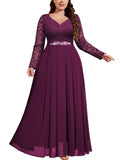 Plus Size Floral Lace Chiffon Maxi Dress Rhinestone Waist – Maroon 2XL