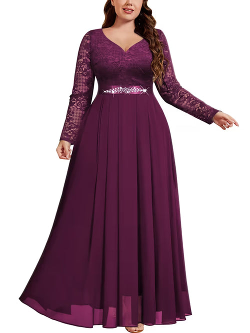 Plus Size Floral Lace Chiffon Maxi Dress Rhinestone Waist – Maroon 2XL