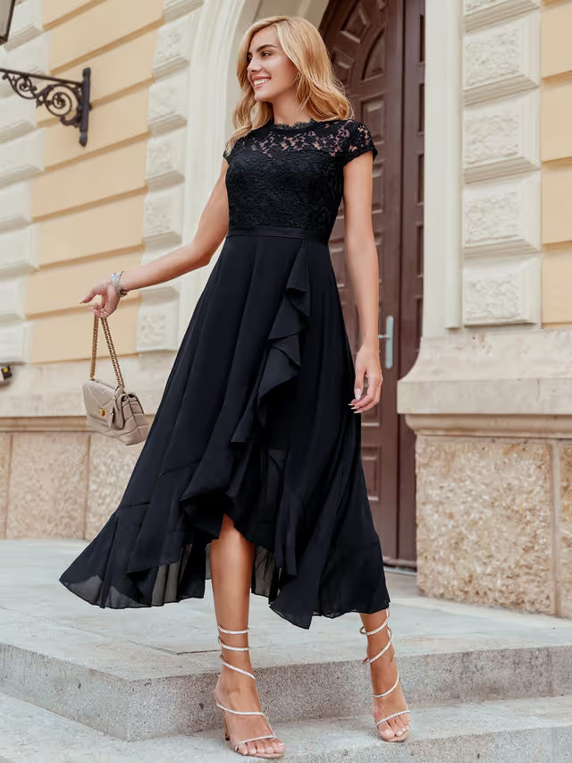 MIUSOL Women's Elegant Floral Lace Ruffle Evening Maxi Dress – Black X-Large
