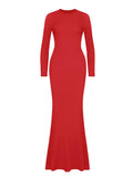 REORIA Women's Sexy Casual Crew Neck Lounge Slimming Long Dress Elegant Wedding Guest Long Sleeve Ribbed Bodycon Maxi Dresses Red Small