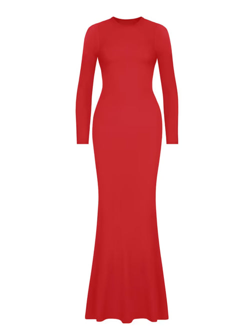 REORIA Women's Sexy Casual Crew Neck Lounge Slimming Long Dress Elegant Wedding Guest Long Sleeve Ribbed Bodycon Maxi Dresses Red Small