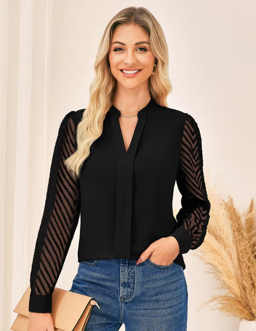 Women's Long Sleeve V-Neck Blouse Autumn Winter Elegant – Black M