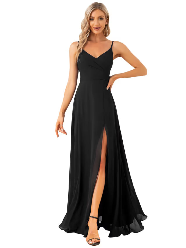 Ever-Pretty A-Line Spaghetti Strap V-Neck Chiffon Prom Dress with Slit – Black UK 14