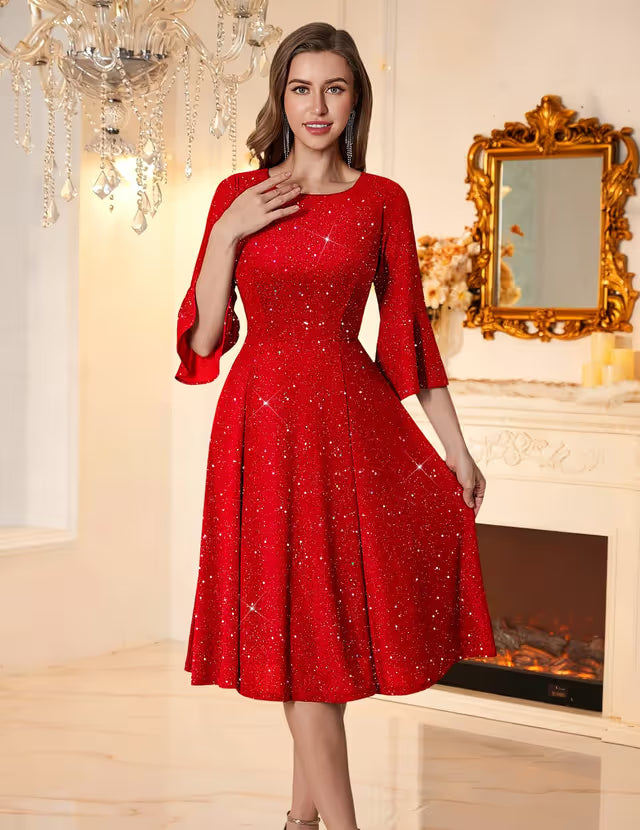 Sequined Midi Prom Dress A-line Modest Bridesmaid Cocktail – Glitter Red M