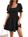 GORGLITTER Women's Square Neck A-Line Mini Dress Puff Sleeve Casual – Black M