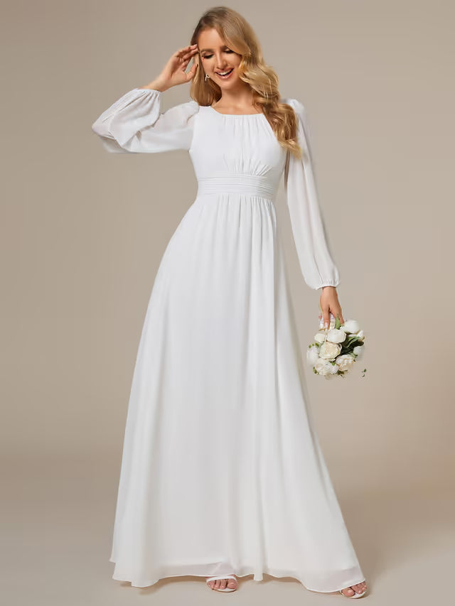 Bridesmaid Dress Women A-Line Chiffon Round Neck – White 10