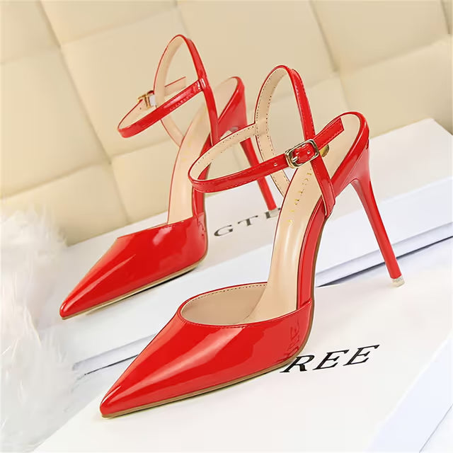 Women's Pointed High Heel Patent Leather Ankle Strap Stiletto Pumps 10.5cm – Red