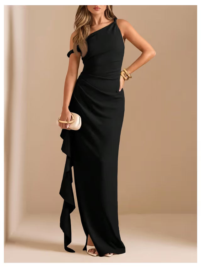Evening Maxi Dress Off‑Shoulder Twist Strap Ruffled Slit – Black Medium
