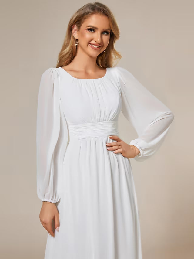Bridesmaid Dress Women A-Line Chiffon Round Neck – White 10