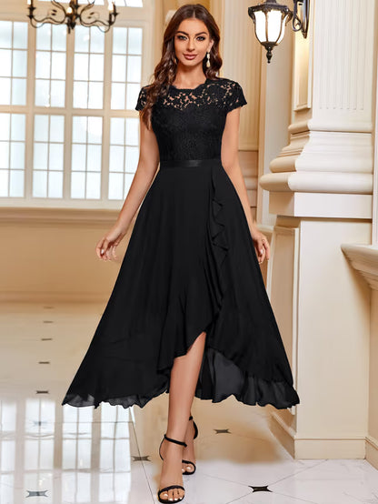 MIUSOL Women's Elegant Floral Lace Ruffle Evening Maxi Dress – Black X-Large