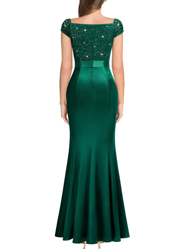 Women's Fishtail Prom Maxi Dress Floral Lace Sequin Cap Sleeves – Dark Green S