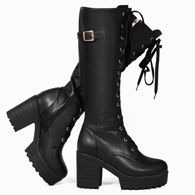 Women's Platform Knee High Biker Boots Lace-up Chunky Heel – Black 40
