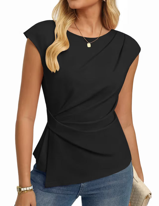 Women's Short Sleeve Crew Neck Tunic Top Ruched Work Casual – Black L
