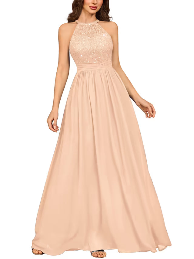 Women’s Halter Neck Maxi Dress Lace & Sequin – Champagne XXL