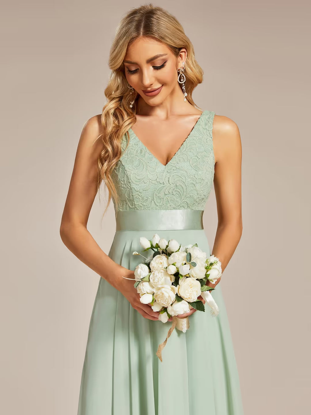 Ever-Pretty A-Line Lace Chiffon Bridesmaid Dress Womens Size 22 Green Sleeveless