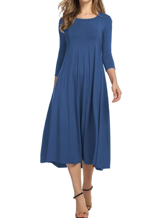 HOTOUCH Dress Women Elegant Tunic Dress Round Neck Casual Ladies Dresses Midi 3/4 Sleeve A Line Classic Midi Dress with Pockets Maxi Party Winter Blue S
