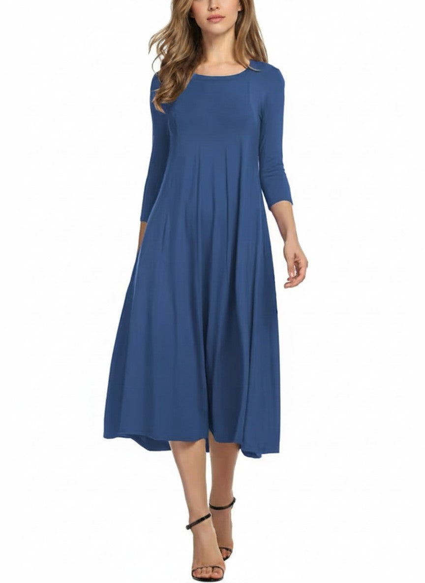 HOTOUCH Dress Women Elegant Tunic Dress Round Neck Casual Ladies Dresses Midi 3/4 Sleeve A Line Classic Midi Dress with Pockets Maxi Party Winter Blue S
