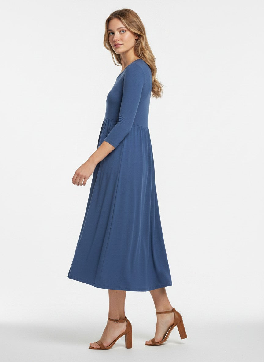 HOTOUCH Dress Women Elegant Tunic Dress Round Neck Casual Ladies Dresses Midi 3/4 Sleeve A Line Classic Midi Dress with Pockets Maxi Party Winter Blue S