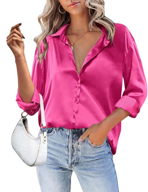Zeagoo Satin Silk Women Button Down Shirt Long Sleeve V Neck Casual Loose Work Office Blouse Tunic Tops Rosy Red XXL