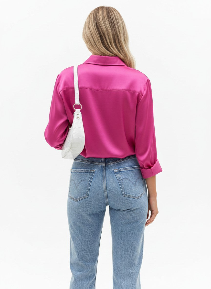 Zeagoo Satin Silk Women Button Down Shirt Long Sleeve V Neck Casual Loose Work Office Blouse Tunic Tops Rosy Red XXL