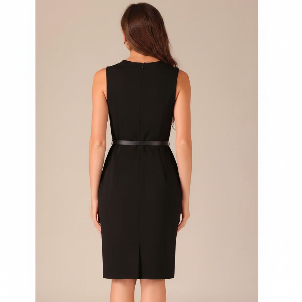 Women's Sleeveless Belted Sheath Dress Round Neck Office Casual – Black M