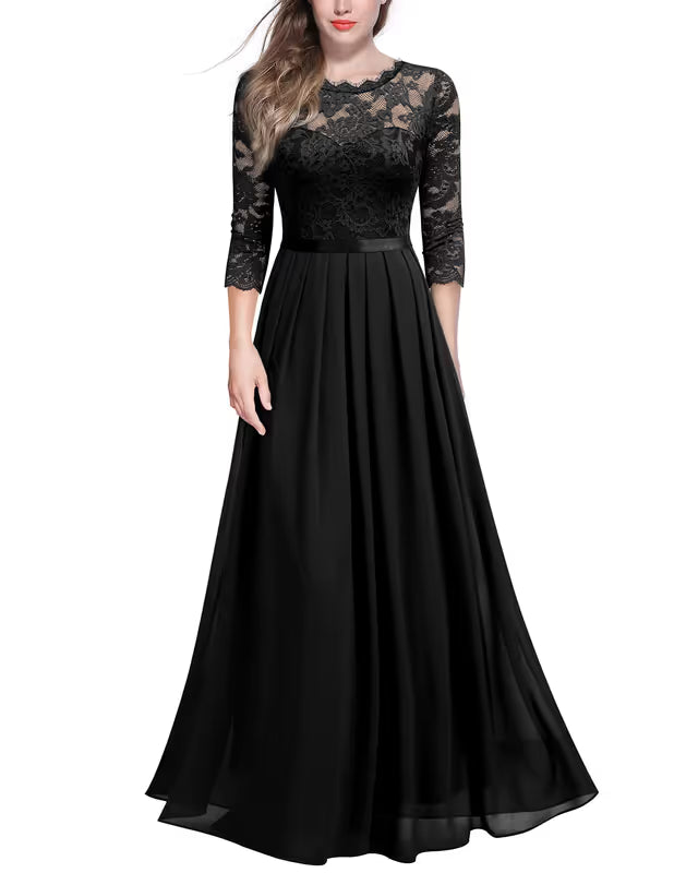 MIUSOL Women's Retro Floral Lace Maxi Dress 3/4 Sleeve Bridesmaid Gown – Black XL