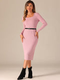 Allegra K Midi Sweater Dress Women Size XL Pink Square Neck Long Sleeves Bodycon