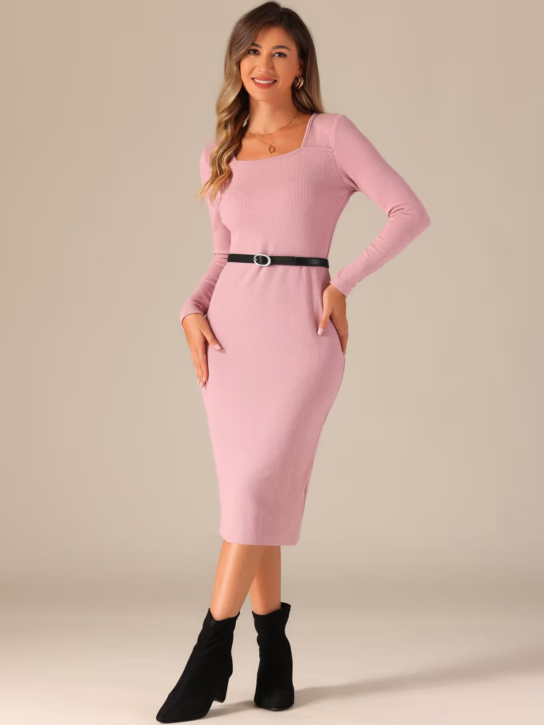 Allegra K Midi Sweater Dress Women Size XL Pink Square Neck Long Sleeves Bodycon