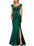 Women's Fishtail Prom Maxi Dress Floral Lace Sequin Cap Sleeves – Dark Green S