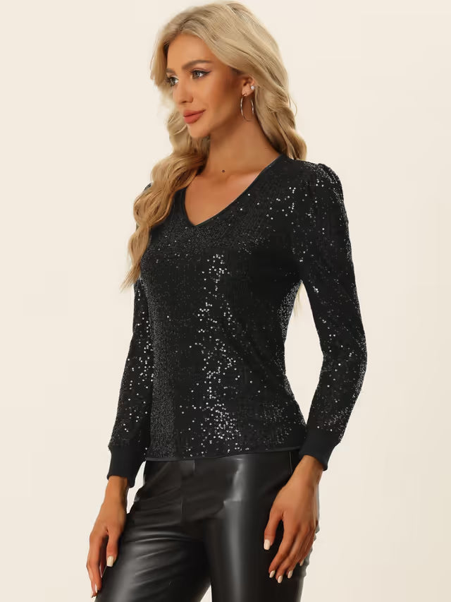 Allegra K Sequin Blouse V Neck Party Metallic Sparkly – Black L