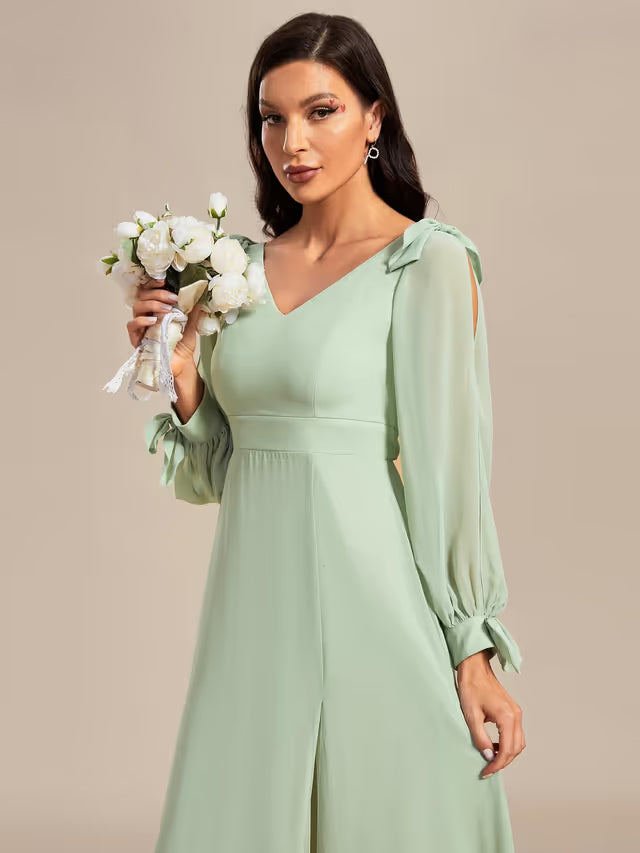 Chiffon Off-Shoulder A-Line Floor-Length Party Dress V-Neck Thigh Slit – Mint Green UK 16
