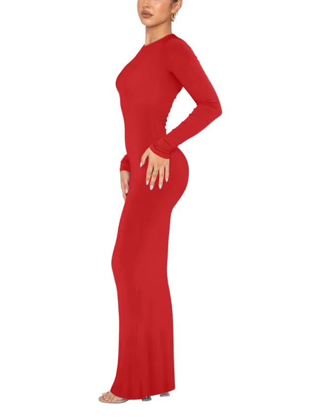 REORIA Women's Sexy Casual Crew Neck Lounge Slimming Long Dress Elegant Wedding Guest Long Sleeve Ribbed Bodycon Maxi Dresses Red Small